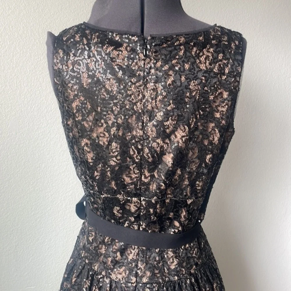 Eliza J Dress Black lace nude colored size 8 sequined balletcore fit and flare